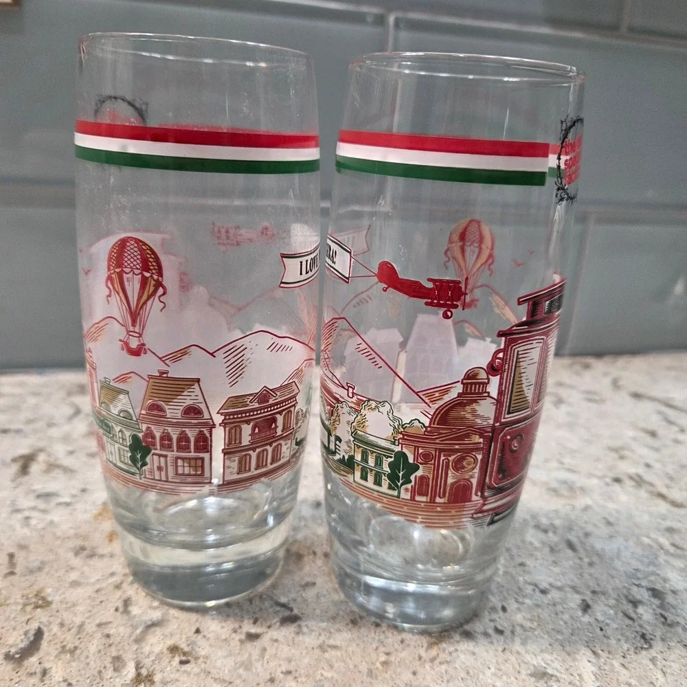 Vintage The Old Spaghetti Factory I Love Mizithra Trolley Drinking Glasses Set 2